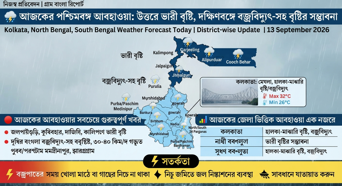 🌧️ আজকের পশ্চিমবঙ্গ আবহাওয়া: উত্তরে ভারী বৃষ্টি, দক্ষিণবঙ্গে বজ্রবিদ্যুৎ-সহ বৃষ্টির সম্ভাবনা
