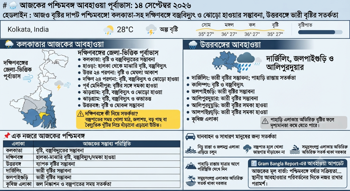 আজও বৃষ্টির দাপট পশ্চিমবঙ্গে! কলকাতা-সহ দক্ষিণবঙ্গে বজ্রবিদ্যুৎ ও ঝোড়ো হাওয়ার সম্ভাবনা, উত্তরবঙ্গে ভারী বৃষ্টির সতর্কতা