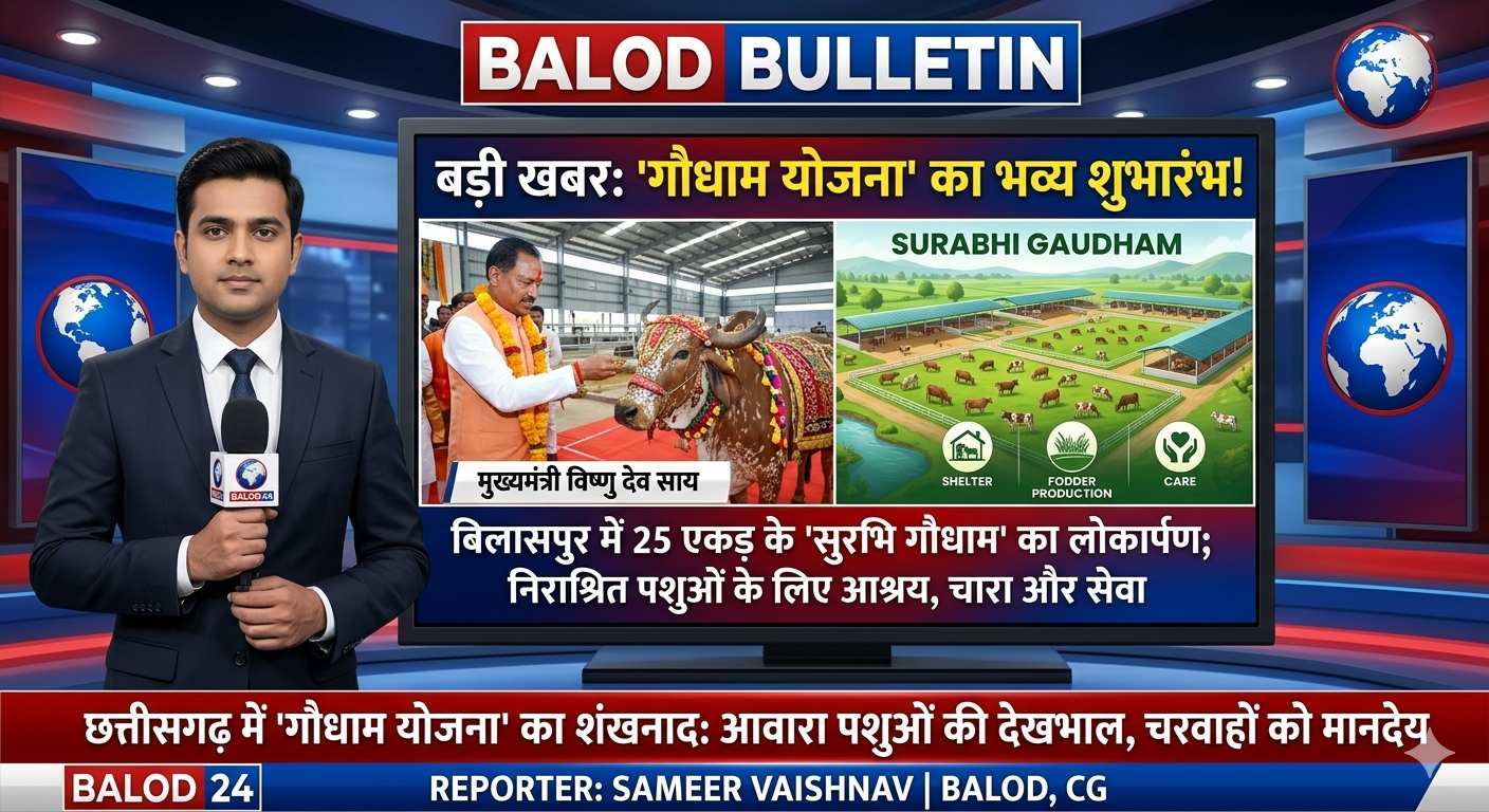 छत्तीसगढ़ में 'गौधाम योजना' का शंखनाद, बिलासपुर से मुख्यमंत्री साय ने किया शुभारंभ संवाददाता: समीर वैष्णव स्थान: बिलासपुर/बालोद