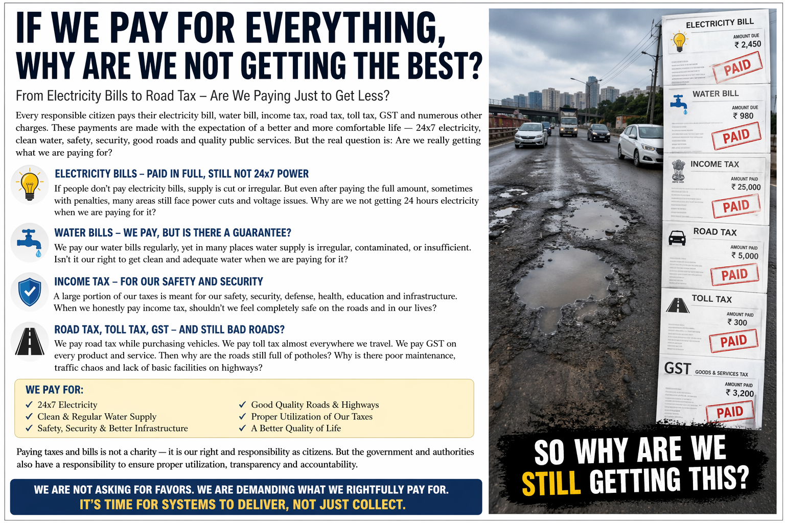 If We Pay for Everything, Why Are We Not Getting the Best? From Electricity Bills to Road Tax – Are We Paying Just to Get Less?