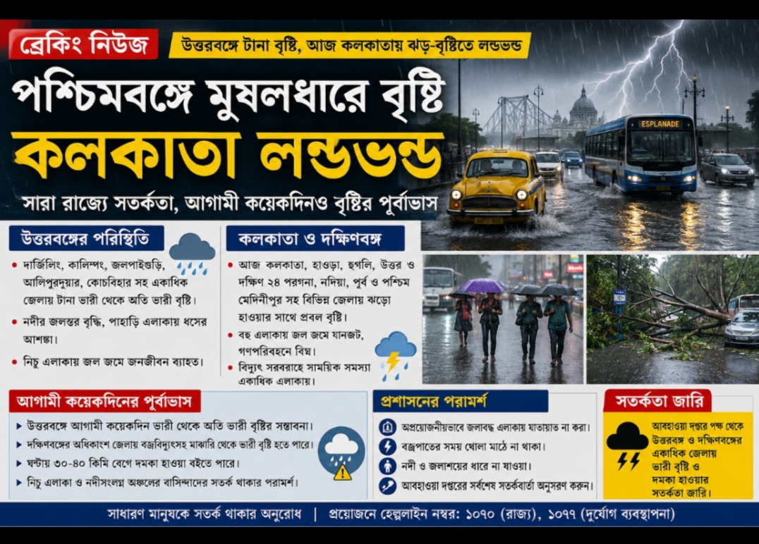 উত্তরবঙ্গে ভারী বৃষ্টি, কলকাতা-সহ দক্ষিণবঙ্গে ঝড়-বৃষ্টিতে জনজীবন ব্যাহ