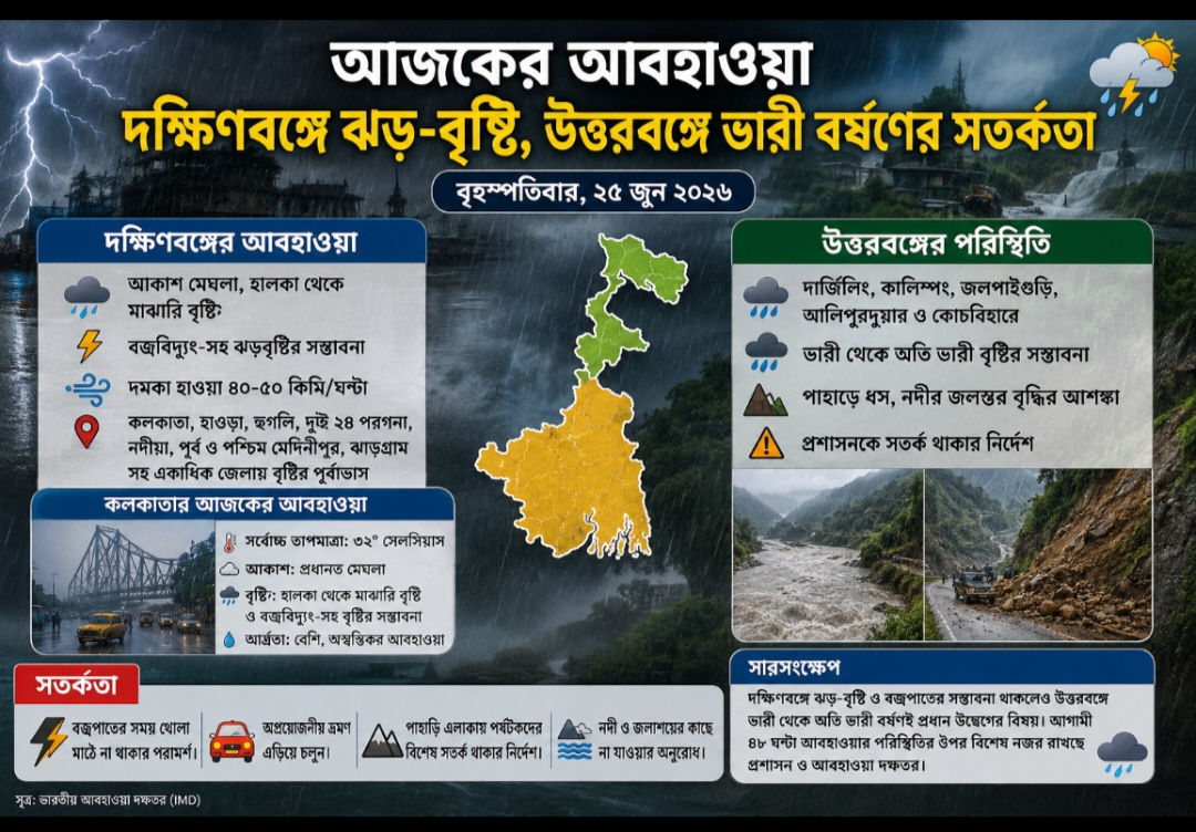 দক্ষিণবঙ্গে বৃষ্টি ও বজ্রবিদ্যুতের সম্ভাবনা, উত্তরবঙ্গে ভারী বর্ষণের পূর্বাভাস