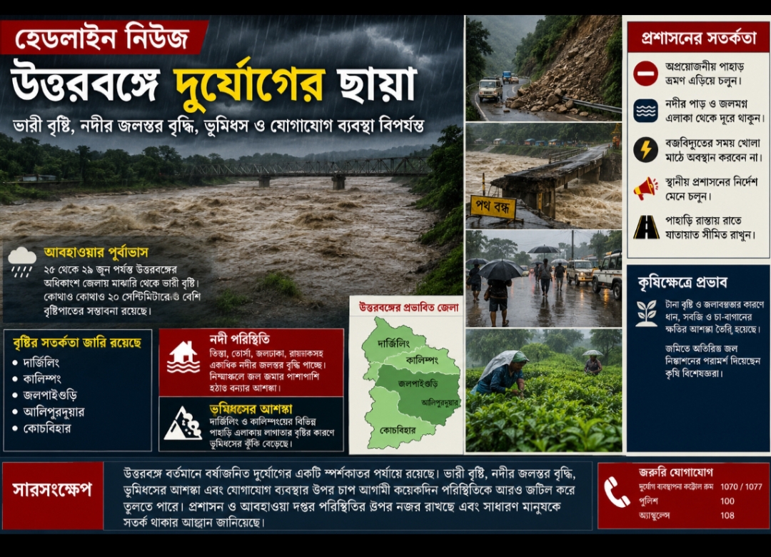 উত্তরবঙ্গে ভারী বৃষ্টির সতর্কতা, নদীর জলস্তর বৃদ্ধি ও ভূমিধসের ঝুঁকি