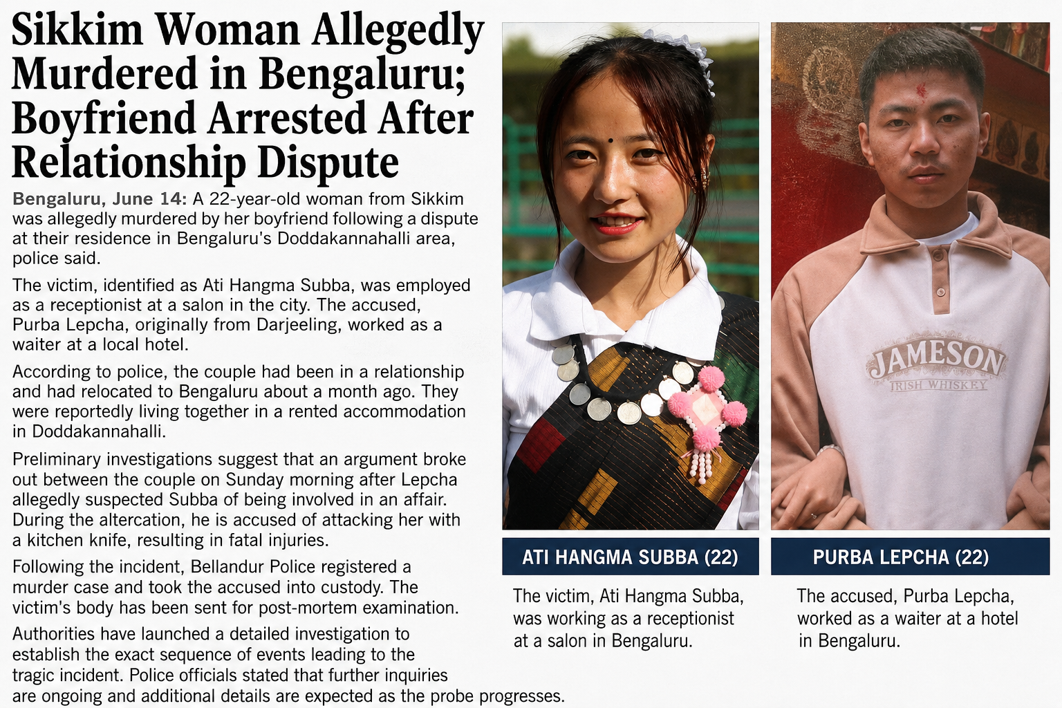 Sikkim Woman Allegedly Murdered in Bengaluru; Boyfriend Arrested