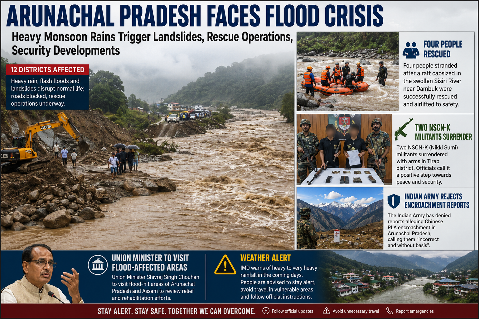 Arunachal Pradesh Faces Flood Crisis as Heavy Monsoon Rains Trigger Landslides, Rescue Operations, and Security Developments